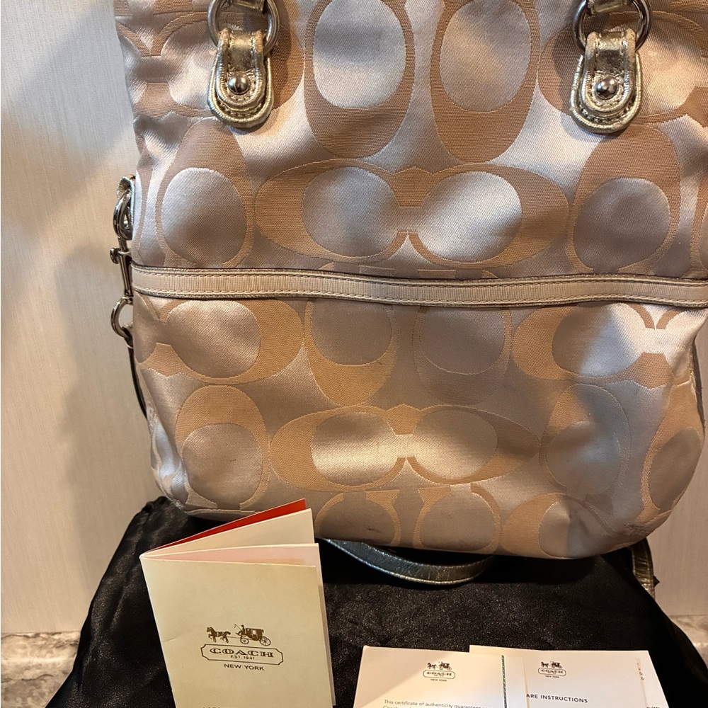 Coach Beige and Silver Shoulder Bag with Crossbody Strap
